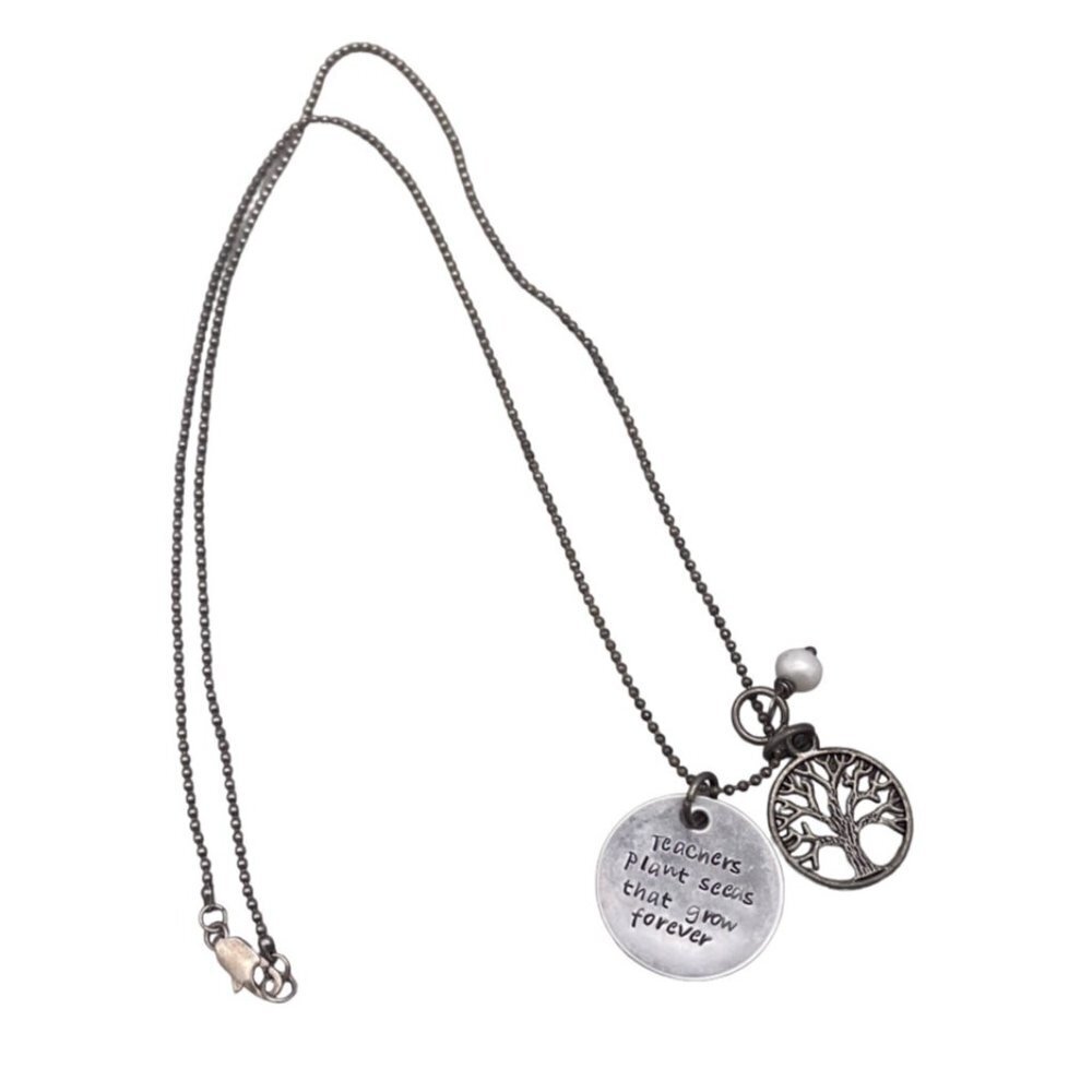 Tree of Life Teacher Charm Pearl Ball Beaded Chain Necklace Silver Tone